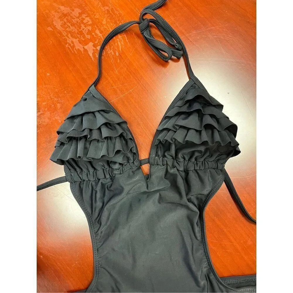 OP Black No Back Ruffle Cup One Piece Swimsuit sz S or 3-5 EUC